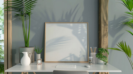 Square shape mockup photo frame bamboo border, on computer table in modern living room, 3d render