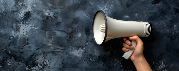 Hand gripping a megaphone ready for announcement . Concept Communication, Announcement, Loudspeaker, Public Speaking, Attention - obrazy, fototapety, plakaty