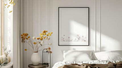 Square shape mockup photo frame glass border, on bedside table in modern living room, 3d render