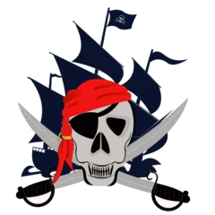 Foto op Plexiglas Tête de squelette de pirate avec bandeau sur un oeil, bandana et sabres et silhouette d'un trois mats en arrière plan  © guitou60