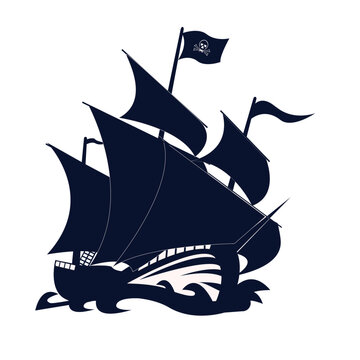 Silhouette d'un trois mats de pirate sur fond blanc