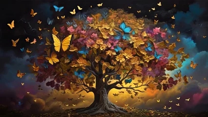 Papier Peint photo Lavable Papillons en grunge a big colorful tree , big leaves dark sky, golden butterflies flying around the tree