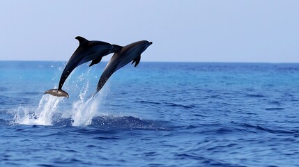 Two Dolphins Jumping Out of the Water. Generative AI.