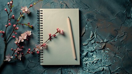 a blank notebook, a sketch pencil, and a delicate pink cherry blossom adorning the table, all bathed in beautiful light and shadow from a top angle, perfect for a desktop background.