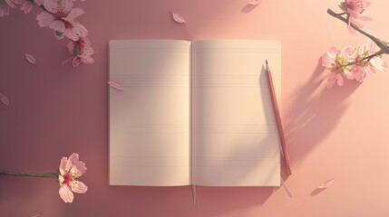 a blank notebook, a sketch pencil, and a delicate pink cherry blossom adorning the table, all bathed in beautiful light and shadow from a top angle, perfect for a desktop background.