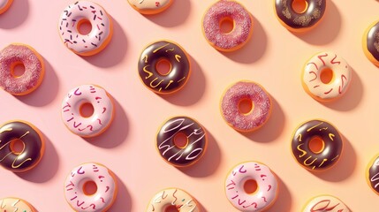 Fototapeta premium Donuts pattern in shadow play style, pastel colored background, isometric, top view