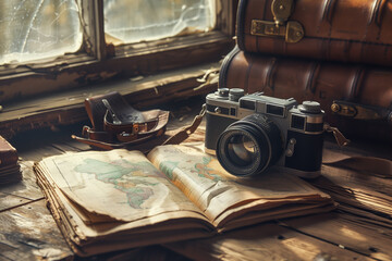 Vintage camera and book in an old attic - obrazy, fototapety, plakaty