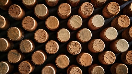 Realistic bottle corks apart from each other photo pattern, flat color background, isometric, view from top, bird eye view, professional studio shoot