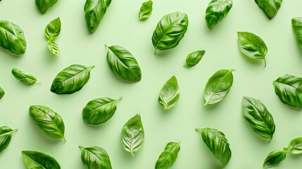Realistic basil leaves apart from each other photo pattern, flat color background, isometric, view from top, bird eye view, professional studio shoot