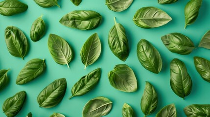 Realistic basil leaves apart from each other photo pattern, flat color background, isometric, view from top, bird eye view, professional studio shoot - obrazy, fototapety, plakaty