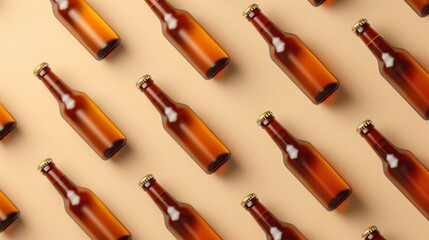 Realistic beer bottles apart from each other photo pattern, flat color background, isometric, view from top, bird eye view, professional studio shoot 
