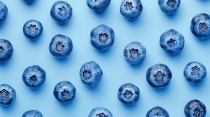 Realistic blueberries apart from each other photo pattern, flat color background, isometric, view from top, bird eye view, professional studio shoot