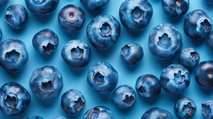 Realistic blueberries apart from each other photo pattern, flat color background, isometric, view from top, bird eye view, professional studio shoot