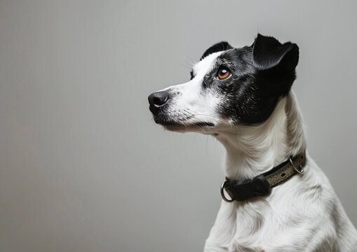 white and black mixed breed dog sitting in studio
