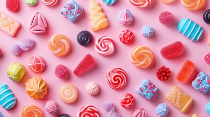 Realistic candies pattern in shadow play style, flat pastel color background, isometric, top view,...