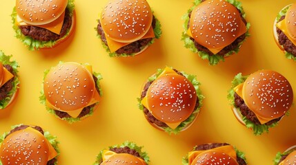 Realistic cheeseburgers apart from each other photo pattern, flat color background, isometric, view from top, bird eye view, professional studio shoot