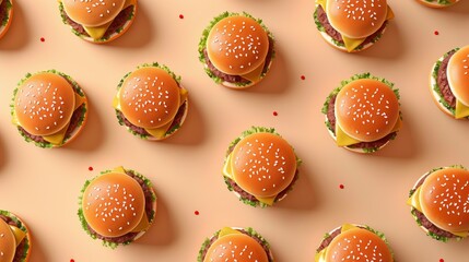 Realistic cheeseburgers pattern, flat color background, isometric, view from top, bird eye view, professional studio shoot
