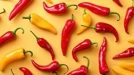Realistic chili peppers apart from each other photo pattern, flat color background, isometric, view from top, bird eye view, professional studio shoot