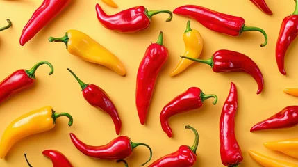 Fototapeten Realistic chili peppers apart from each other photo pattern, flat color background, isometric, view from top, bird eye view, professional studio shoot © shooreeq