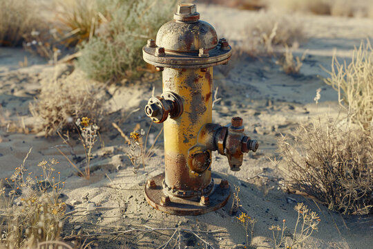 a rusty fire hydrant in the sand