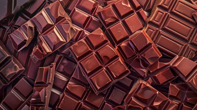 Realistic chocolate bar pieces apart from each other photo pattern, flat color background, isometric, view from top, bird eye view, professional studio shoot