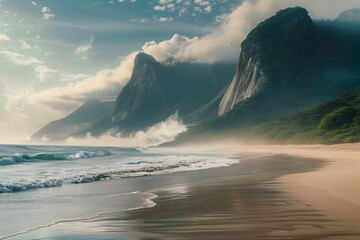 a beach with waves and mountains