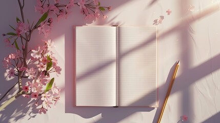 a blank notebook, a sketch pencil, and a delicate pink cherry blossom adorning the table, all bathed in beautiful light and shadow from a top angle, perfect for a desktop background.