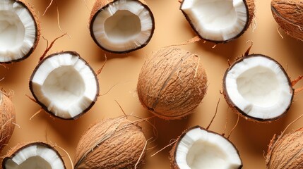 Realistic coconuts apart from each other photo pattern, flat color background, isometric, view from top, bird eye view, professional studio shoot - Powered by Adobe