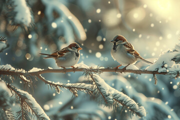 Winter Sparrows Perched on Snowy Branch