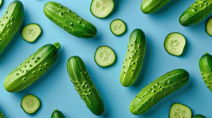 Realistic cucumbers apart from each other photo pattern, flat color background, isometric, view from top, bird eye view, professional studio shoot