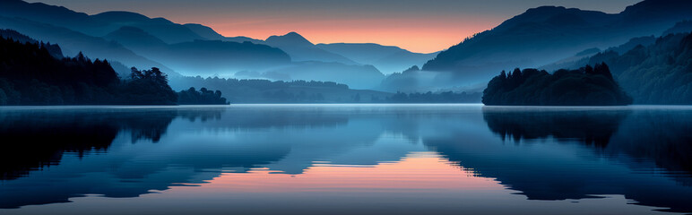 Fototapeta premium Serene twilight over a calm lake with silhouetted mountains