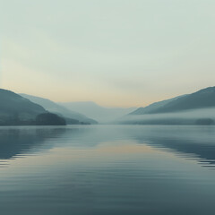 Serene lake at dawn with misty mountains