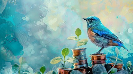 A songbird perches on a stack of shiny coins amidst lush greenery - obrazy, fototapety, plakaty