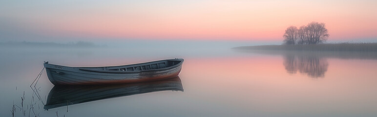Serene lake at sunrise with lonely boat