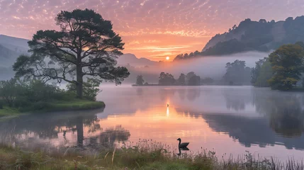 Foto op Canvas Serene lakeside sunrise with silhouetted bird © Andrea Marongiu