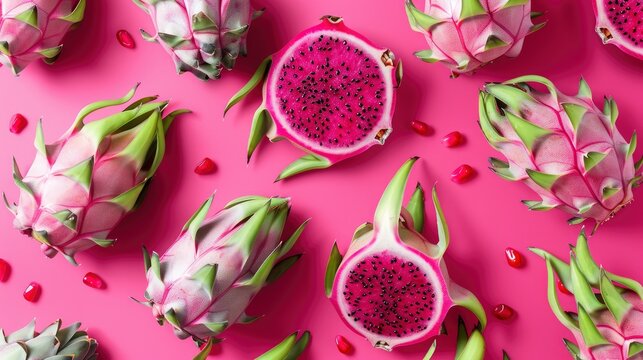Realistic dragon fruits apart from each other photo pattern, flat color background, isometric, view from top, bird eye view, professional studio shoot