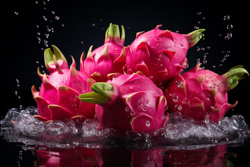 A pile of dragon fruit amidst splashing water, showcased on a reflective surface, accentuating their freshness