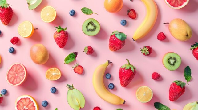 Realistic fruits pattern in shadow play style, flat pastel color background, isometric, top view, professional studio photo
