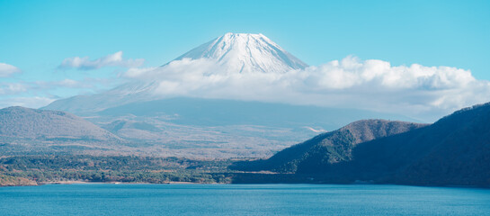 Mount Fuji at lake Motosu near Kawaguchiko, one of the Fuji Five Lakes located in Yamanashi, Japan. Landmark for tourists attraction. Japan Travel, Destination, Vacation and Mount Fuji Day concept