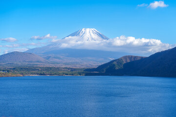 Mount Fuji at lake Motosu near Kawaguchiko, one of the Fuji Five Lakes located in Yamanashi, Japan. Landmark for tourists attraction. Japan Travel, Destination, Vacation and Mount Fuji Day concept