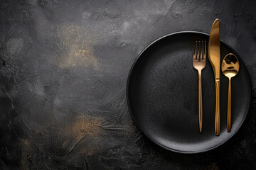 Elegant gold cutlery set on a black plate against a dark textured background. - obrazy, fototapety, plakaty