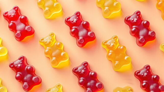 Realistic gummy bears apart from each other photo pattern, flat color background, isometric, view from top, bird eye view, professional studio shoot