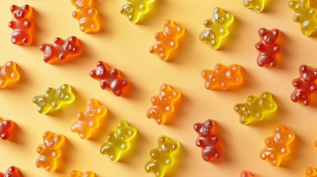 Realistic gummy bears apart from each other photo pattern, flat color background, isometric, view from top, bird eye view, professional studio shoot 