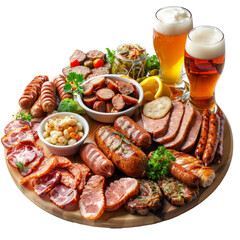 Summer beer board with a selection of meats including sausage, chorizo and smoked sausage served along with glasses of beer on a white surface