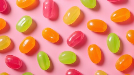 Realistic jelly beans apart from each other photo pattern, flat color background, isometric, view from top, bird eye view, professional studio shoot 