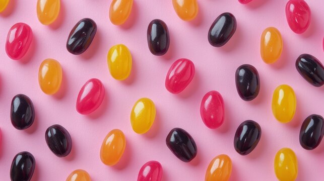 Realistic jelly beans apart from each other photo pattern, flat color background, isometric, view from top, bird eye view, professional studio shoot