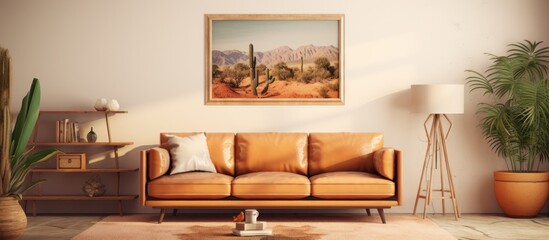 Cozy living room decor with a comfortable couch, plant, and chair. Artwork in the background