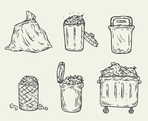 Set garbage containers in monochrome sketch style isolated on white background. Collection design elements. Trash bin, pack, box. Vector illustration. - 756340733