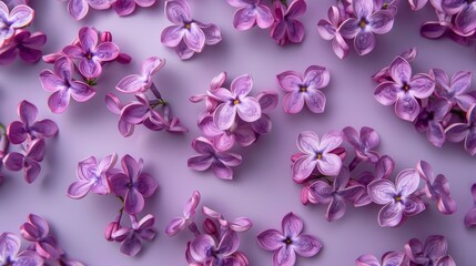 Fototapeta premium Realistic lilac flowers apart from each other photo pattern, flat color background, isometric, view from top, bird eye view, professional studio shoot