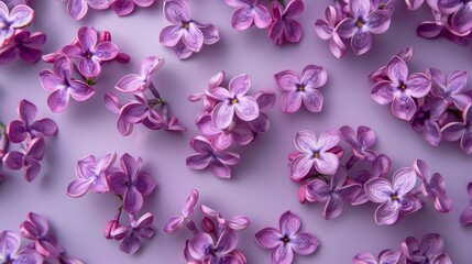 Realistic lilac flowers apart from each other photo pattern, flat color background, isometric, view from top, bird eye view, professional studio shoot